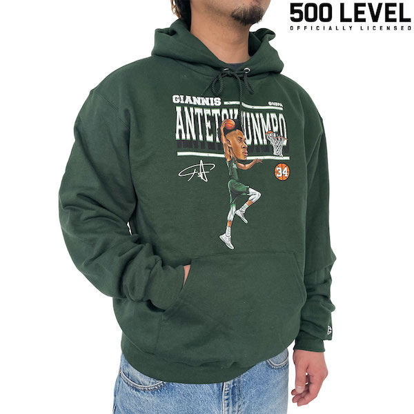 【500 LEVEL】(500レベル) Giannis Antetokounmpo CARTOON HOODIE / ヤニス アデトクンボ カートゥーン パーカー (フォレストグリーン) バックドロップ 老舗アメカジショップ the back drop スポーツ MLB NFL NBA NHL｜アメカジのバックドロップbackdrop