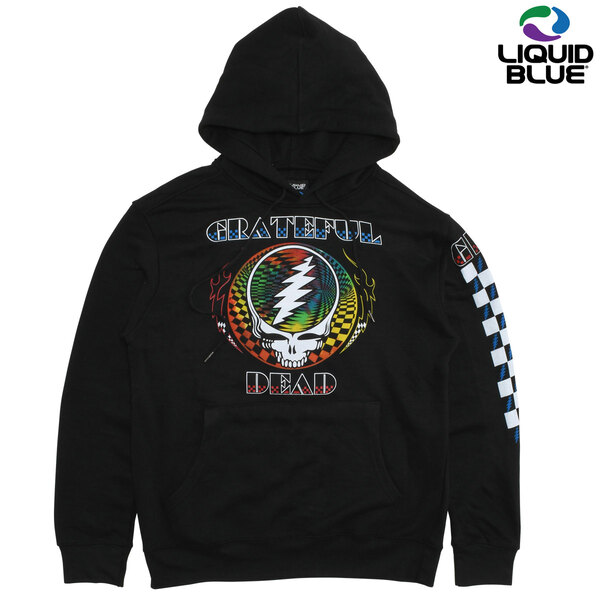 【LIQUID BLUE】(リキッドブルー) GRATEFUL DEAD OPTIC SYF SLEEVE PRINTED HOODIE / グレイトフルデッド 袖プリント POパーカー (ブラック) バックドロップ 老舗アメカジショップ the back drop 70s ヒッピー カウンターカルチャー バンド画像