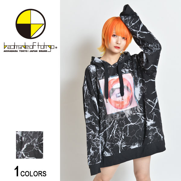 【SS★最大限度2000円OFFクーポン券】backside of tokyo バックサイドオブトーキョー リップフォトクラックビッグパーカー（男女兼用）■トップス プルパーカー ビッグ影ぼうし 唇 刷り上げる 総柄 ボンネット 表どおり 心地好い 流行り物 馬鹿でかい大きさ メンズ 成人女性
