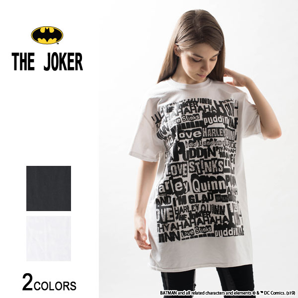 『THE JOKER』ジョーカー＆ハーレイ・クイン WORDS Tシャツ（男女兼用）■DCコミックス バットマン ハーレイクイン アメコミ 映画 ヴィラン キャラクター グッズ イラスト クルーネック プリント ロゴ ルーズ ビッグ 大きいサイズ メンズ レディース ユニセックス画像