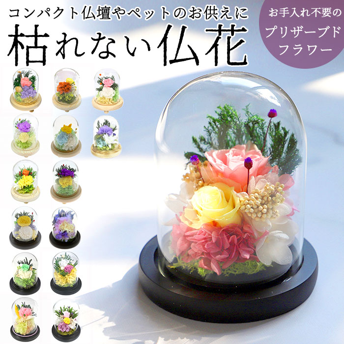 お供え花　プリザーブドフラワーアレンジメント ドーム型ガラスケース入り ガラスドーム インテリア アレンジメント L 通販 フラワー