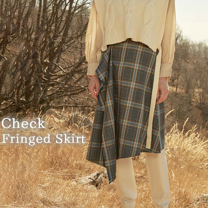 MIND フリンジチェックスカート 好評 スカート 日本製 チェックスカート フリンジスカート 台形スカート ひざ丈スカート レディース チェック ひざ丈 膝丈 ひざ下 アシンメトリー ブランド マインド 122S008 ボトムス レディースファッション｜BACKYARD FAMILY バッグタウン