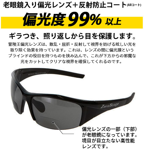 偏光サングラス 老眼鏡入 冒険王 ボウケンオウ 通販 サングラス 偏光 シニアグラス 老眼鏡入サングラス ゼロステージ バイフォーカル 偏光グラス  ブルーライトカット UVカット 紫外線対策 スモーク ブラック グレー 釣り ゴルフ スポーティ ケース付き メガネ拭き付き ...