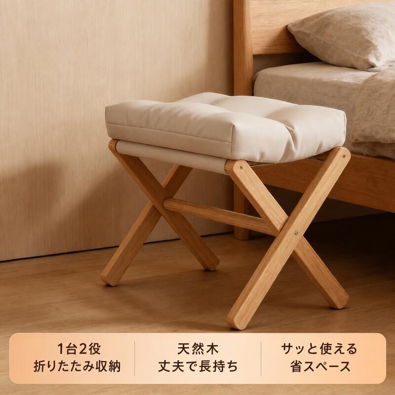 BADUS 無垢木製折りたたみスツール、柔らかいクッション張り座面付き、X 型クロスフレームで安定感が高く、組立不要で薄く収納可能、玄関の靴替え台やベッドサイドの腰掛けに適します。｜くらしのBADUS 6,258円