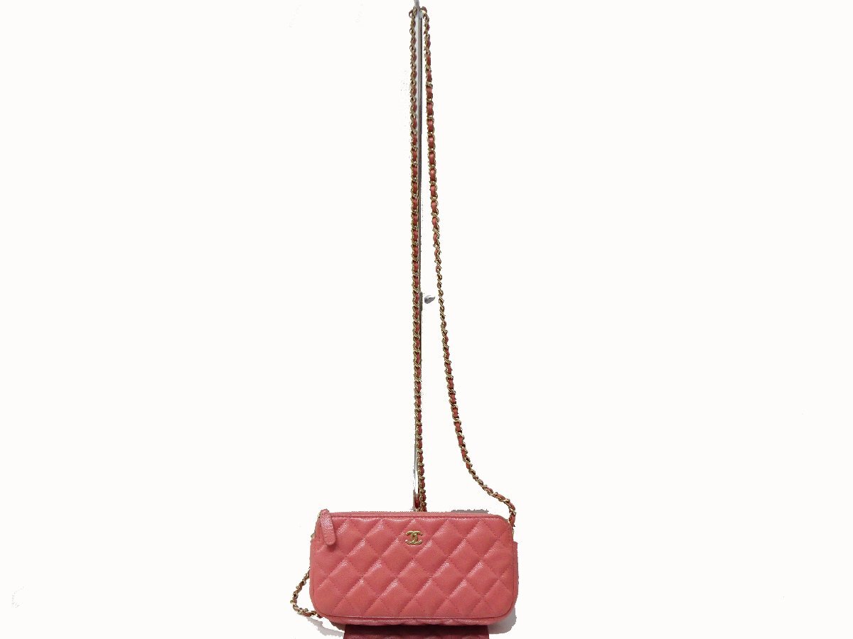 【箱・袋・ギャラ】シャネル CHANEL キャビア人はだ マトラッセ チェーン店 ショルダーバッグ ウォレット サクラ色 ゴールド 押捺有 28番【中古】