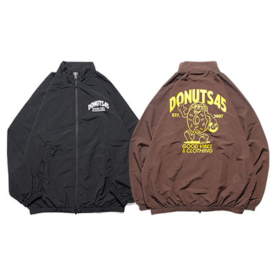 ドーナツフォーティーファイブ DONUTS 45 ナイロンジャケット アウター プリント ジップアップ DONUTSMAN NYLON JACKET メンズ M-XL ブラック/ブラウン｜E.S.P.