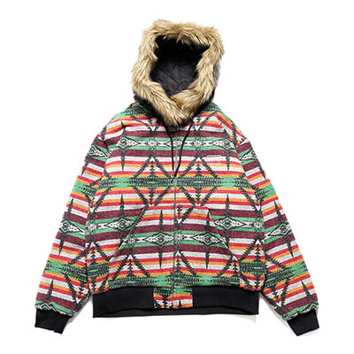 スクレップ SCREP ジャケット アウター フードファージャケット ネイティブ柄 ロゴ 刺繍 NATIVE RASTA JACKET メンズ ユニセックス L-XXL ラスタカラー