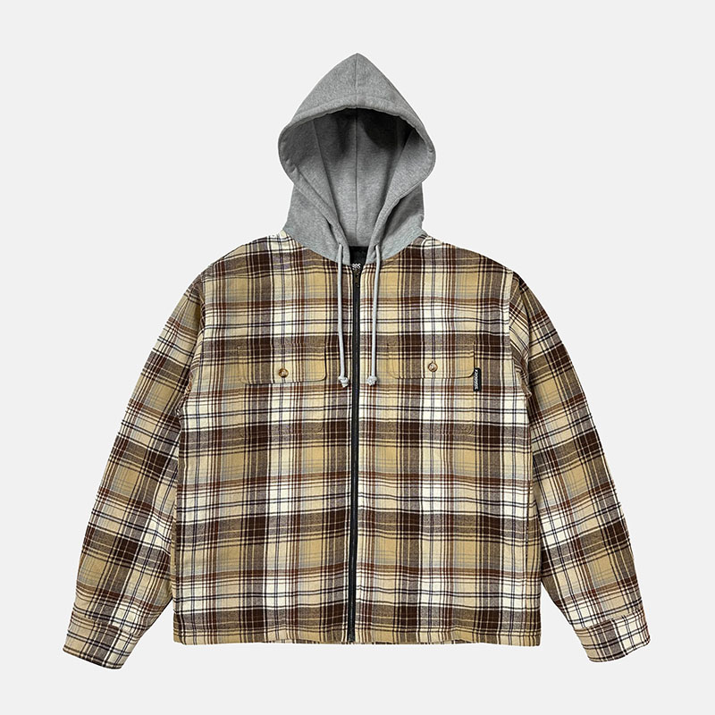 優しいこと天使の都市 LABROS 上衣 プルオーバー上衣 中綿上衣 アウター オリーブ M-L大きさ メンズ HOODED ZIP PLAID SHIRT JACKET -BROWN- _FAIR_e