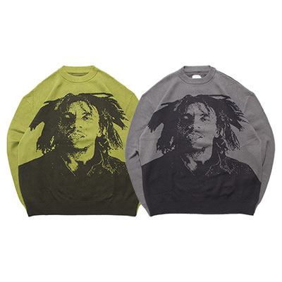ポットミーツポップ POT MEETS POP セーター トップス ニット プルオーバー 長袖 ボブマーリー NATTYDREAD KNITTED SWEATER メンズ L-XXL グレー/グリーン