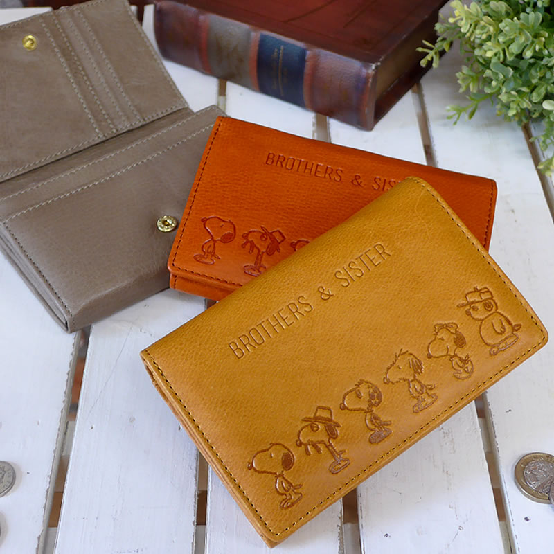 新品 Snoopy Brothers Sister フラップ 二つ折り財布 ウォレット 財布 本革 牛革 レザー 革財布 レザー やわらかい しっとり アニメ キャラクター ユニセックス メンズ レディース ギフト スヌーピー Peanuts ピーナツ ブラザー シスター 全国宅配無料