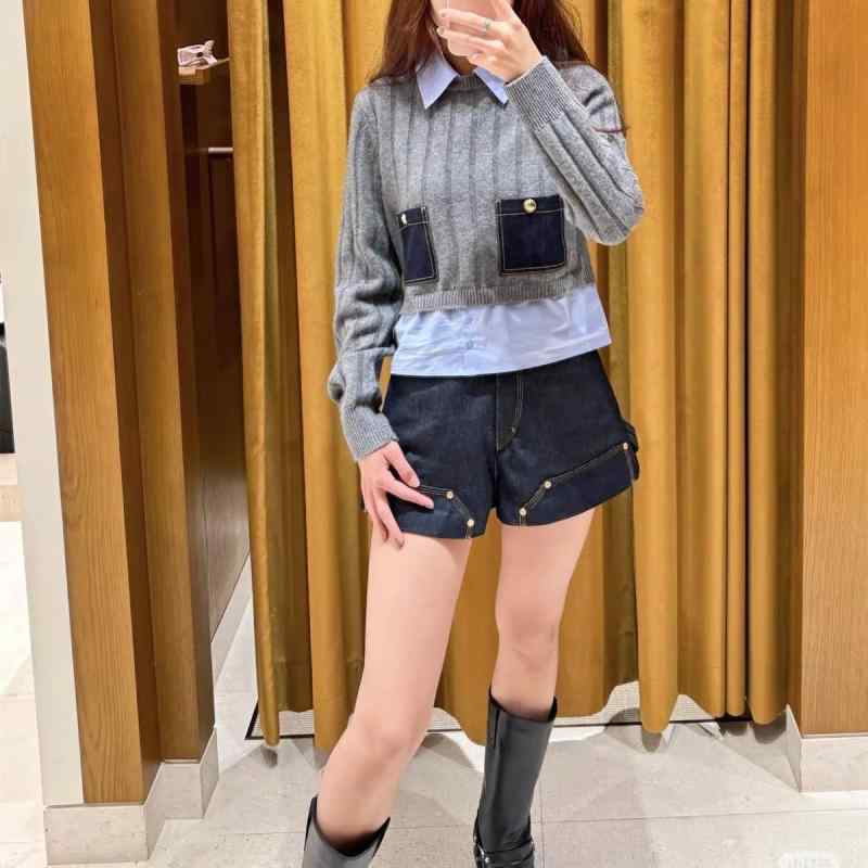 レディース ニット トップス 春 襟付き 配色 切り替え 対称 ポケット フェイク ツーピース 軽量 伸縮性 普段使い 綿混 素材 柔らかい 着心地x2
