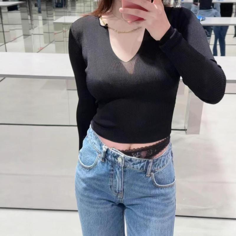 レディース 春夏 Vネック チェーン ニット 長袖 Tシャツ トップス スリムフィット スタイルアップ エレガント インナー 普段使い