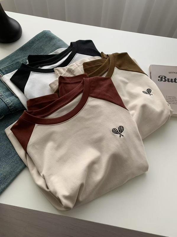 Tシャツ レディース 長袖 ラグラン袖 テニスラケット刺繍 クルーネック フィット スリム効果 合わせやすい 春夏 カジュアル トップス 韓国スタイル コットン素材 軽量 伸縮性x2