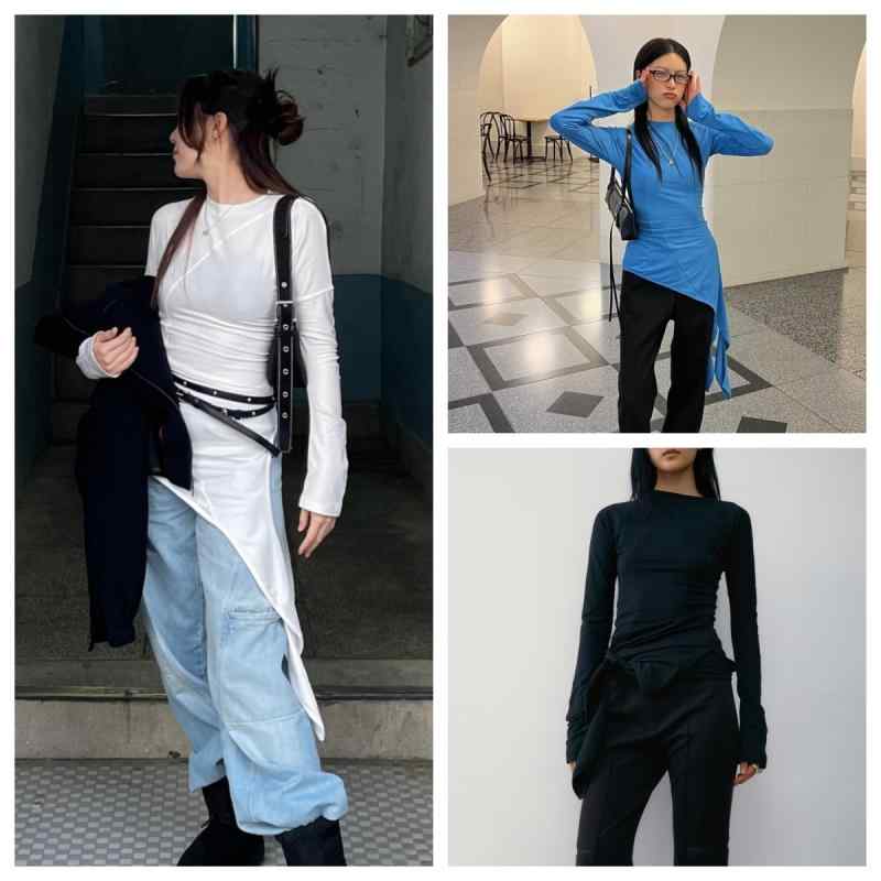 レディース アシンメトリー 長袖Tシャツ 韓国 個性的 スリムフィット 秋用 コットン混 軽量 伸縮性 カジュアル トップス