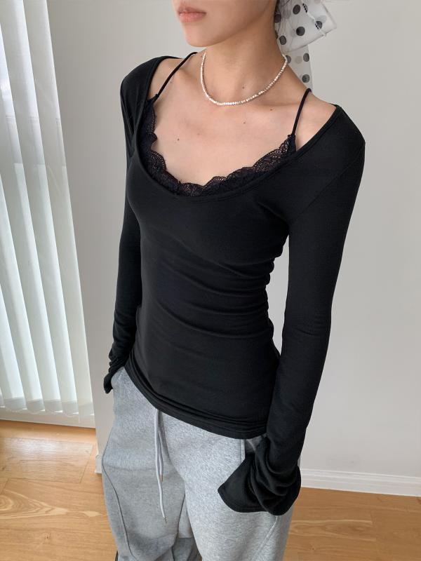 Tシャツ レディース 長袖 Uネック レース切り替え フェイクツーピース 無地 薄手 スリムフィット 秋 カジュアル トップス