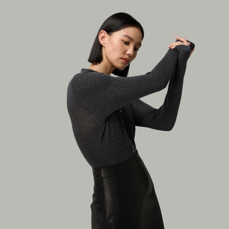 レディース 春 薄手 光沢 ニットセーター 高級感 スタンドカラー 上品 トップス シフォン混 軽量 伸縮性 吸湿速乾 普段使いx2｜バランスケア　店