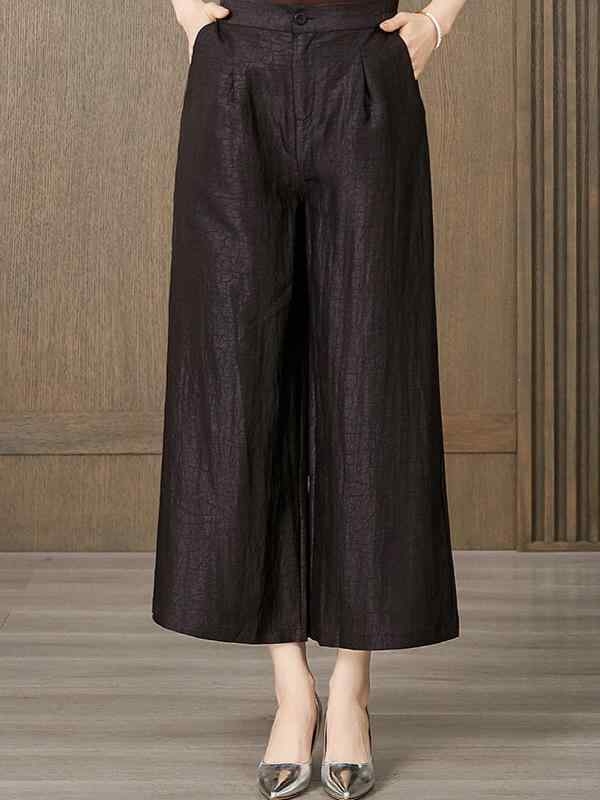 レディース ワイドパンツ ブラック 亀甲柄 シルク ストレート ゆったり スリム 上品 厚手 通勤 普段使い 吸湿性 サラサラ 軽量
