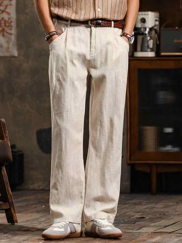 シンプル 大人 かっこいい スウェット パンツ ワイドパンツ レトロ 綿 リネンの ダブルプリーツ ストレート アメリカン カジュアル パンツ 通気性 ドレープ 弾性 ウエスト 和風 男性用 ロング