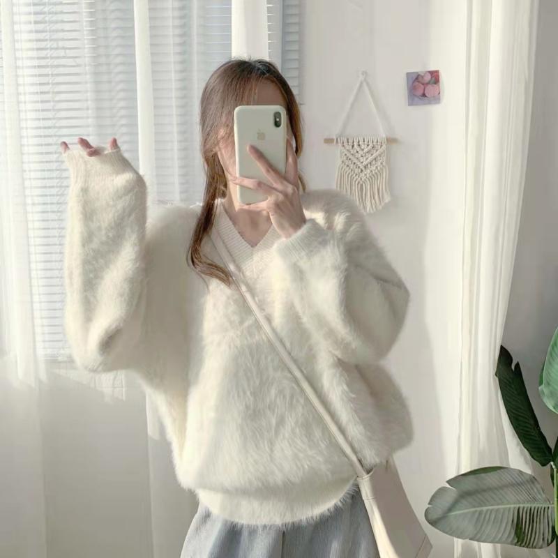 秋冬 レディース Vネック プルオーバー ニットセーター 厚手 ゆったり リラックススタイル 暖かみ ふわふわ素材 トップス 普段使いx2
