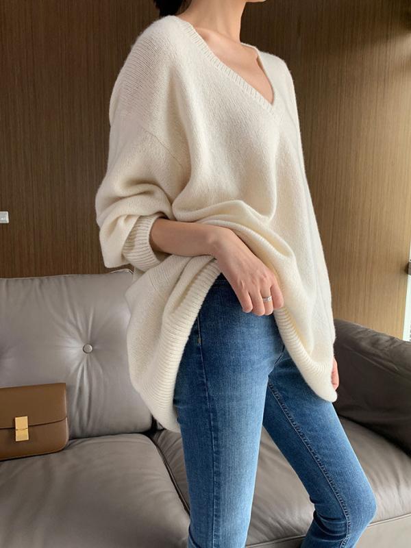 ニットセーター レディース ビッグサイズ ゆったり Vネック 単色 秋冬 ミドル丈 カジュアル トップス リラックスフィット 暖かみ 日常使いx2