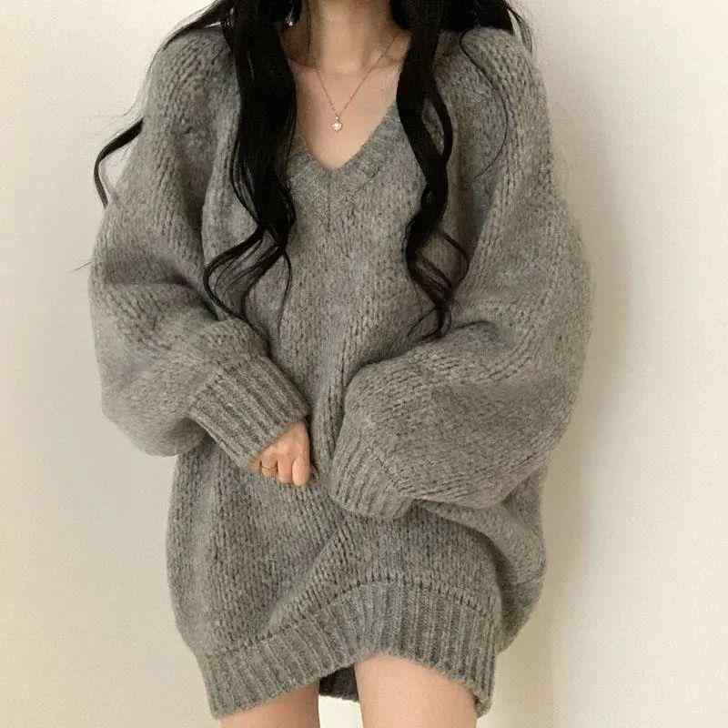 ニットセーター レディース ゆったり 春秋 グレー Vネック 中長丈 長袖 ビッグシルエット トップス アウター 伸縮性 普段使いx2