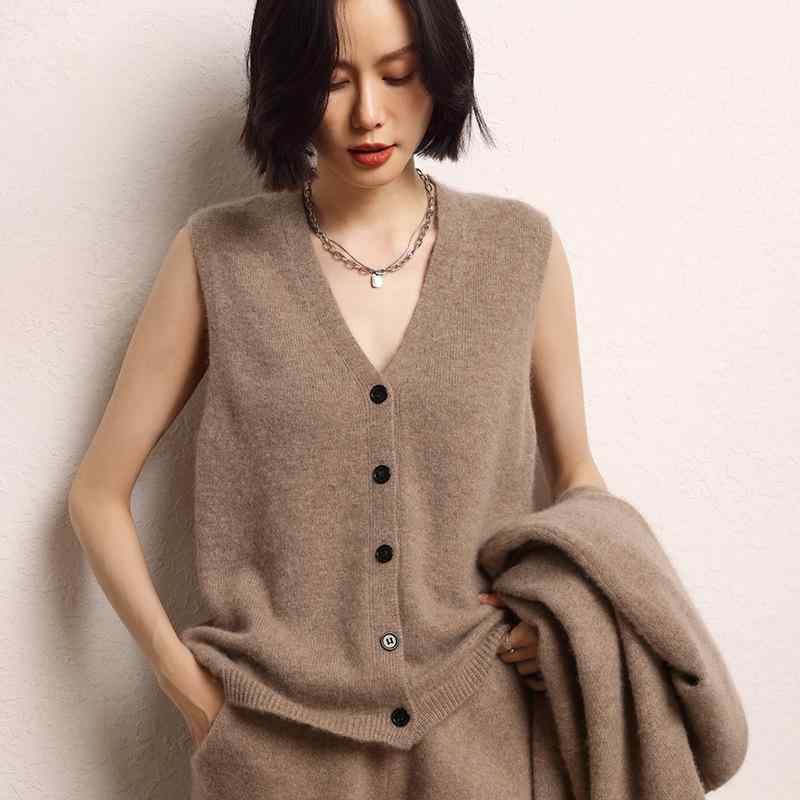 秋冬 レディース カシミール 編み物 限りない ゆったり Vのど首 無地 アウター 生あたたかい 普段使い走り 軽さ パステル色の 肌ざわり レディースファッション-トップス-ベスト・ジレ