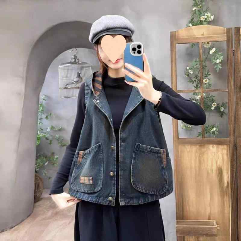 レディース デニム フード付き ベスト 春秋 レトロ プリント 大ポケット スリム効果 カジュアルスタイル ショート丈 開きタイプ アウター トップス デイリー