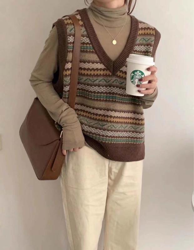 レディース ベスト 秋冬 Vネック ウール プルオーバー 復古風 織り柄 ツートンカラー 甘美 暖か素材 普段使い コーディネートしやすい 軽量 伸縮性x2
