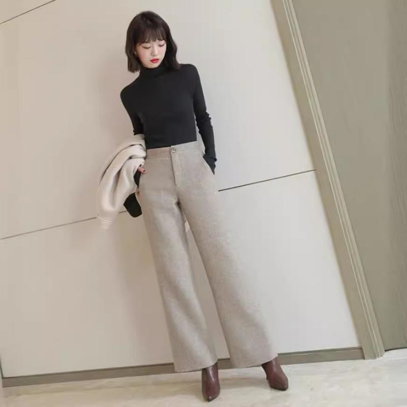 レディース ワイドパンツ V字柄 両面羊毛 保温 カジュアル ストレート 脚長効果 上品 秋冬 ロングレッグ 軽量 伸縮性