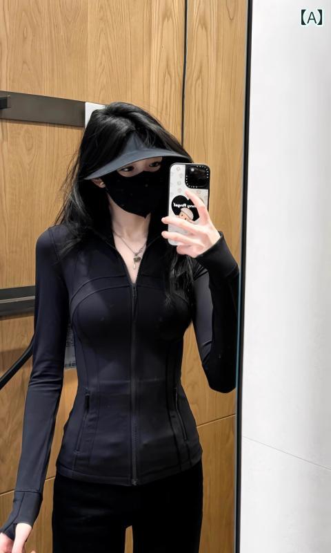 ヨガウェア トップス レディース 女性用 ウエスト フィットネス サイクリング スーツ スポーツ タイト トップ 日焼け防止 服 スタイル 付き ブラック スリム ヨガ ジャケット