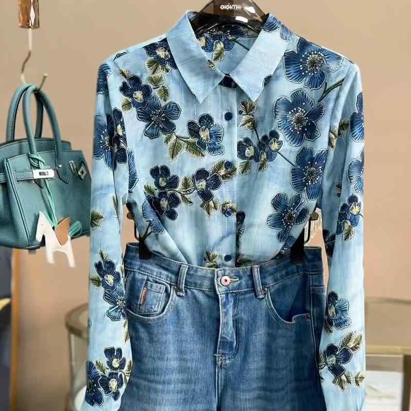 きれいめ フェミニン オフィス レディース トップス オシャレ レトロ 花柄 シャツ レディース 長袖 ポロ カラー ゆったり スリム カジュアル 高級