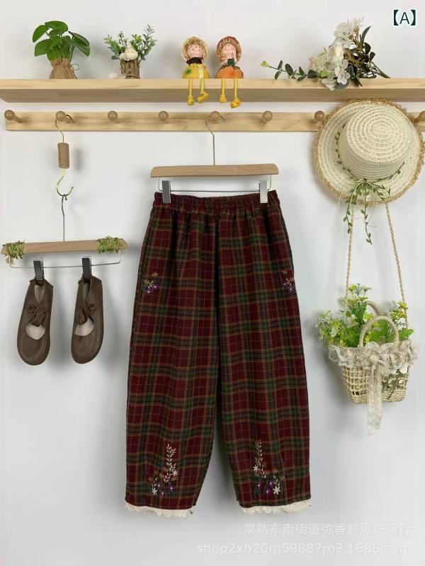 秋冬 レディース パンツ チェック柄 刺繍 伸縮ウエスト 厚手 スリム 普段使い コーディネート 万能 スタイル 若見え x2