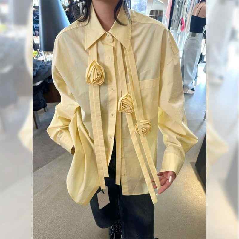 春夏 ファッション レディース 長袖 シャツ 襟 立体ローズ柄 韓国 スタイリッシュ スリム 上品 エレガント 合わせやすい