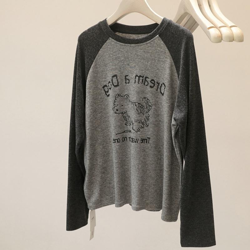 レディース 長袖Tシャツ ゆったり カジュアル 起毛加工 ラグランスリーブ アメリカンスタイル カートゥーン柄 柔らかい ドレープ感 羊毛風素材 秋冬 インナー トップス フィット 柔軟素材x2