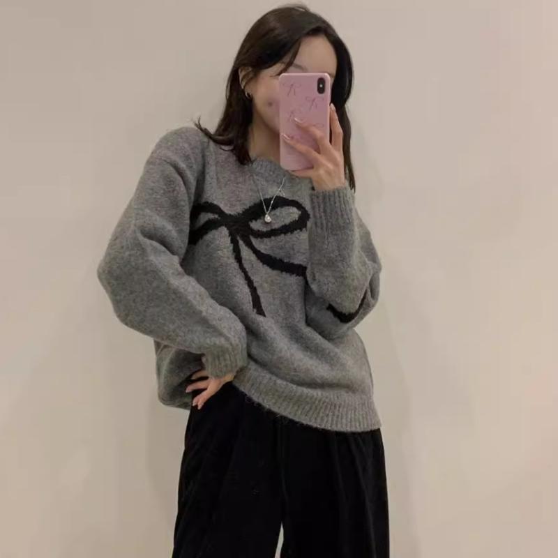 レディース 秋冬 ニットセーター 韓国 上品 提花柄 リボン ゆったり 長袖 アウター シルエット ニットトップス 暖かみ 普段使い