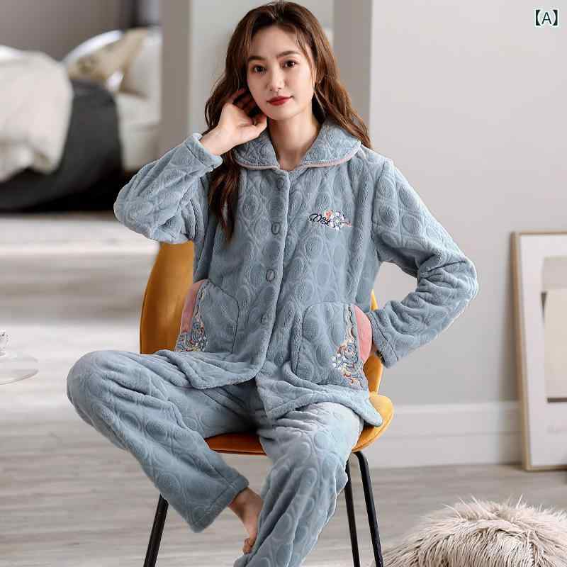 ルームウェア レディース パジャマ 春秋 女性用 ベルベットの パジャマ レディース 冬 長袖は かわいい フランネルの シンプル 大きいサイズ 襟の 家の 服の スーツを 厚くします