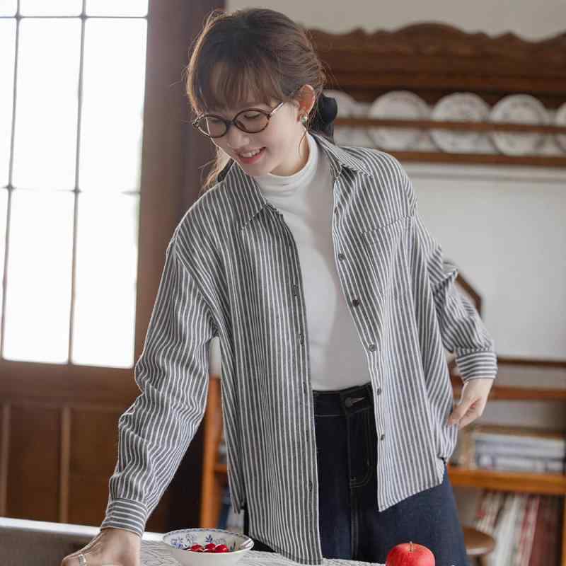 シャツ レディース 秋冬 グレー ストライプ 長袖 インナー トップス 小柄 韓国 洗練 気品 カジュアル オフィス レイヤード スタイリッシュ 軽量 伸縮性