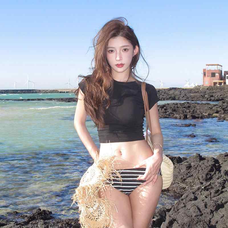 欧米風 セクシー ビキニ セパレート 水着 スイムウェア 黒 ブラック ストライプ ボーダー カバーアップ チュニック ビーチ リゾート 温泉 海 レディース 女性用