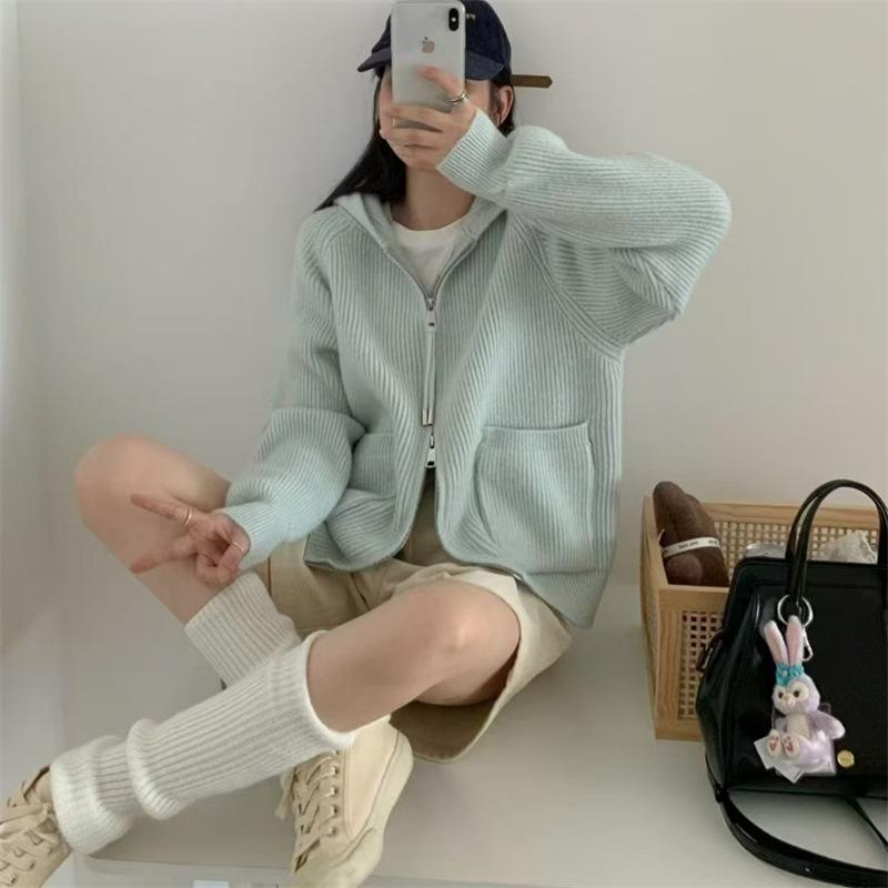 その他カーディガン フード付き ジッパー ダブルポケット ニット