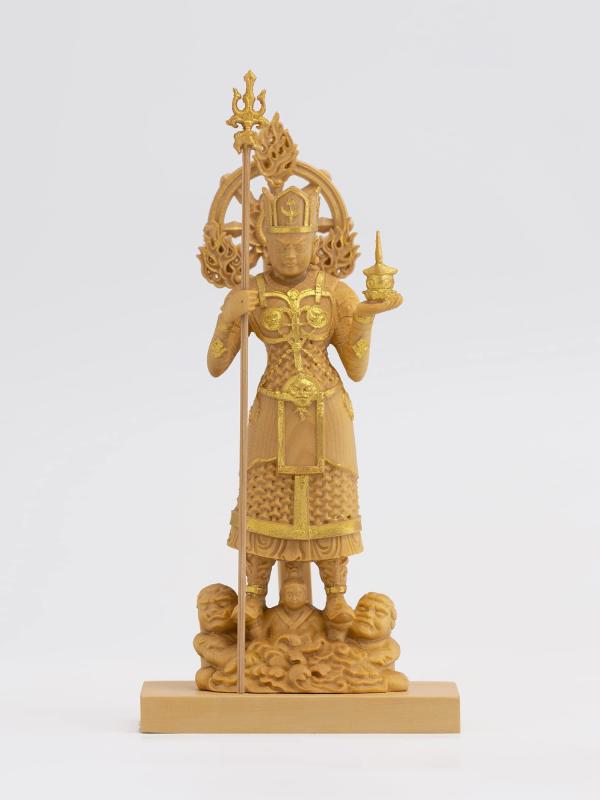 極小仏 兜跋毘沙門天 11.5cm（木製：ツゲ 金泥仕上）＿多聞天 仏像 フィギュア 木彫り 置物（GSBとばつびしゃもんてん