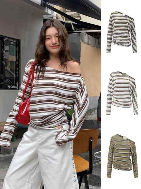 秋 レディース ゆったり オフショルダー ニット ストライプ Tシャツ トップス セーター カジュアル 普段使い 綿素材 軽量 伸縮性|バランスケア 店