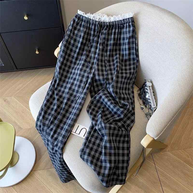 レディース ワイドパンツ レース 切り替え チェック柄 ハイウエスト ゆったり ドレープ 夏用 カジュアル ルーズフィット 通気性 軽量 吸湿速乾