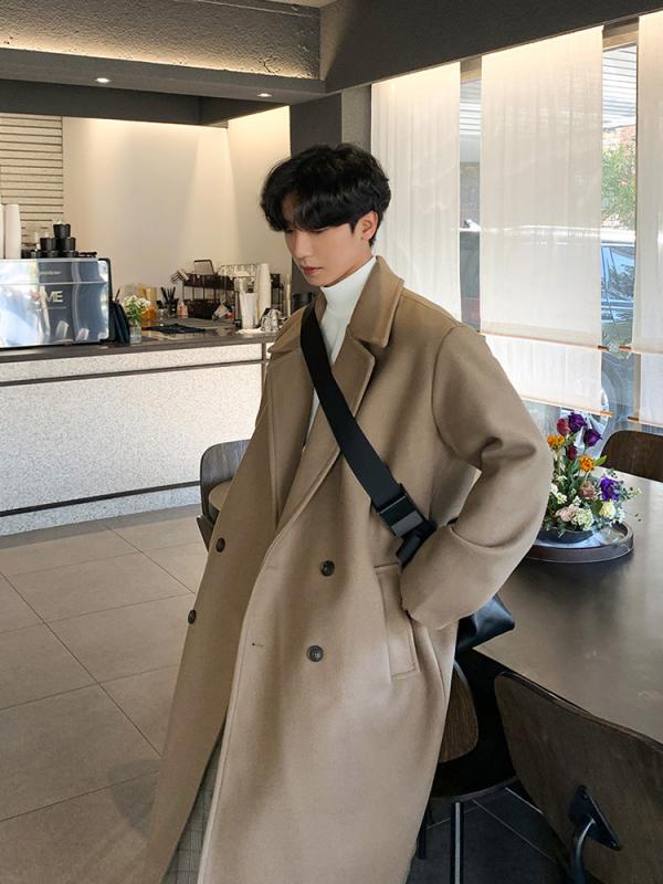コート メンズ 秋冬 ウール ビッグシルエット ドロップショルダー ロング丈 ゆったり スタイル カーキ 韓国 ファッション スタイリッシュ カジュアル 暖か