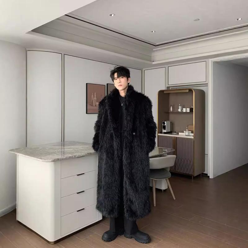 コート メンズ 秋冬 ロング丈 フェイクファー 狐毛風 厚手 保温 合成皮革 アウター 暖か 防寒 スタイリッシュ