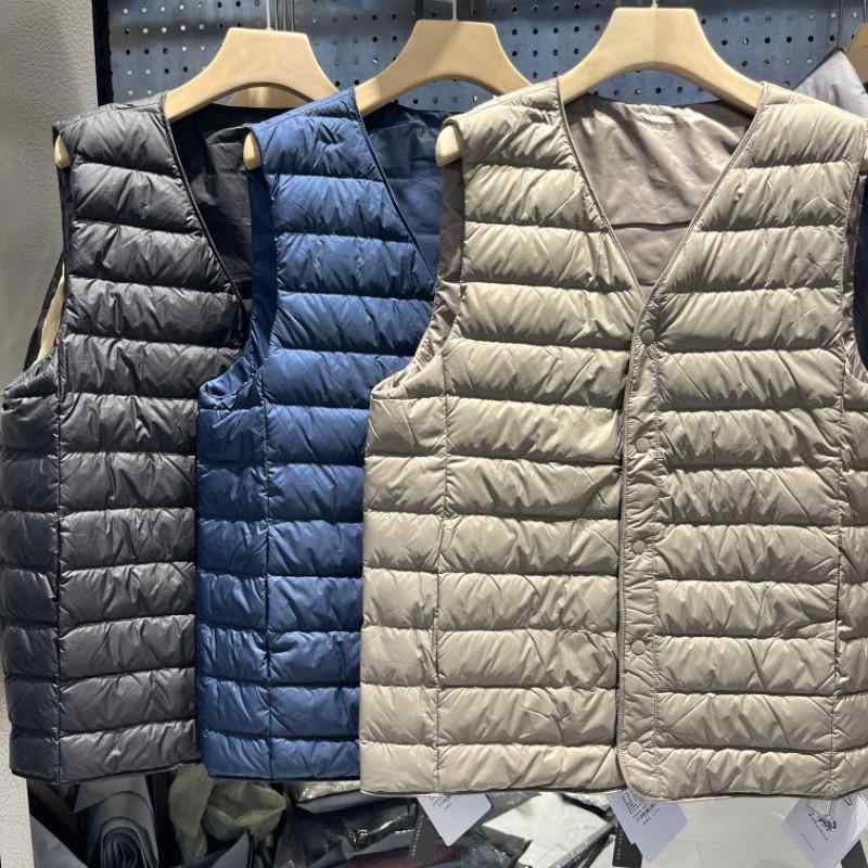 メンズ Vネック ダウンベスト 無地 冬用 インナー 軽量 薄手 保温 90%ホワイトダックダウン シンプル ビジネス 通勤 レイヤリング 保暖 アウターインナーx2