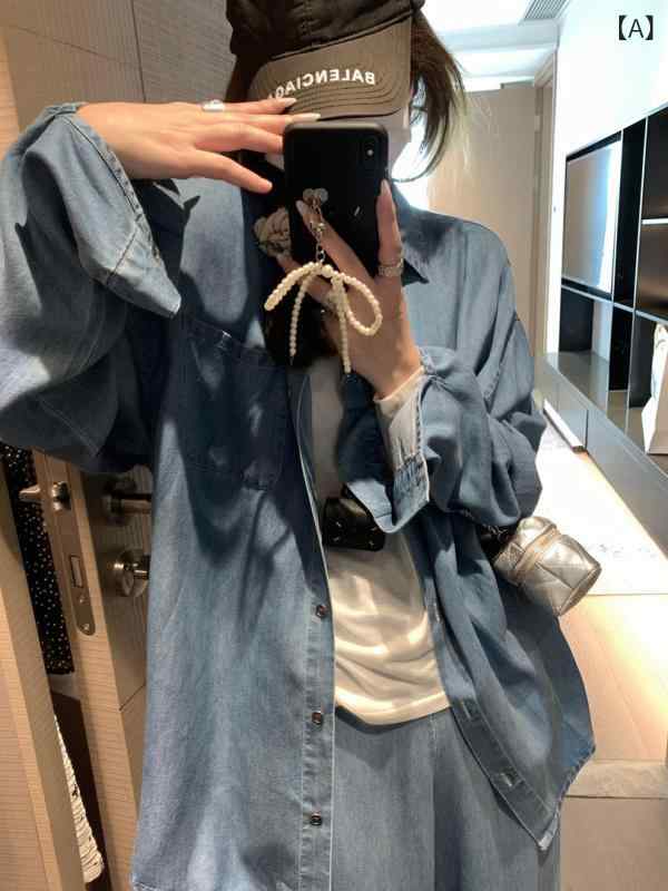 ジーンズ ティーシャツ トップ 長袖 青 レディース 天 糸 牛飼いティーシャツ 女 2024 春夏 透け透け 厚地の外套が ゆったりしていて だるくて 痩せている 気味合いが ティーシャツを 着ている シャツ・ブラウス-トップス-レディースファッション