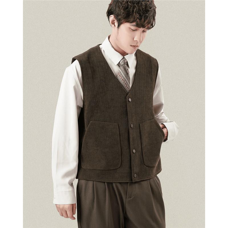 メンズ ノースリーブ ベスト コーデュロイ レトロ Vネック スリムフィット 秋用 ブリティッシュスタイル 合わせやすい カジュアルレイヤード コットン混 暖か素材