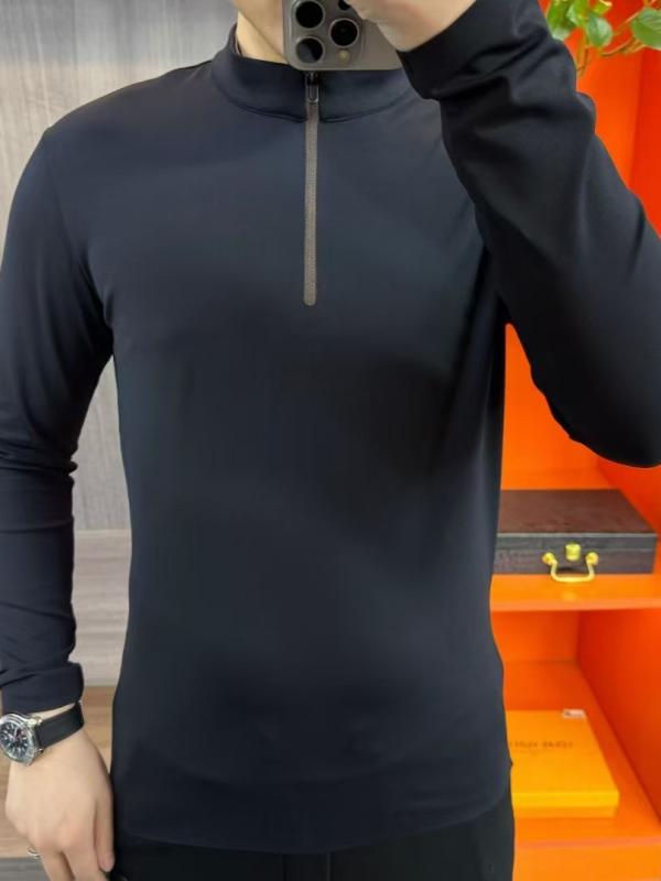 立襟Tシャツ メンズ 長袖 薄手ベルベット ハーフジッパー 高級感 伸縮性 スリムフィット カジュアル 普段使い コーディネートしやすい トップス