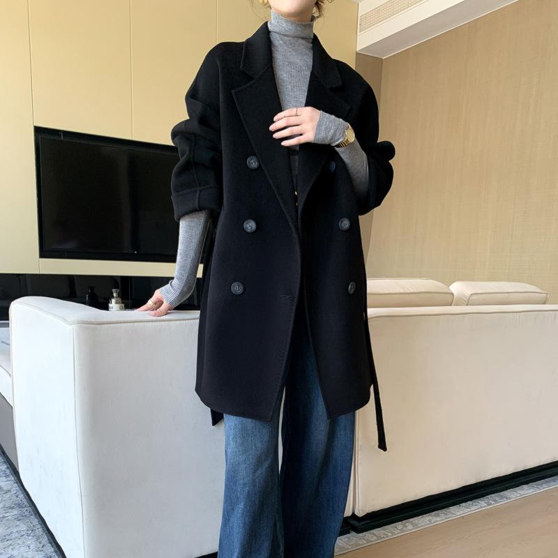 レディース 厚地の外套 秋冬 飛び切り感 ロング丈 ダブル人間の顔  絨毛 羊毛ツィード 胴締め 生あたたかい アウター 防寒 原材料 もの柔らか 今めかしい