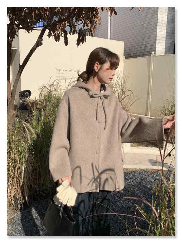 レディース 秋冬 リバーシブル ウールコート フード付き 蝶結び 韓国 学院スタイル 小柄対応 暖か素材 軽量 スタイリッシュ